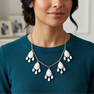 White Teardrop and Beaded Dangle Station Necklace Statement Jewelry